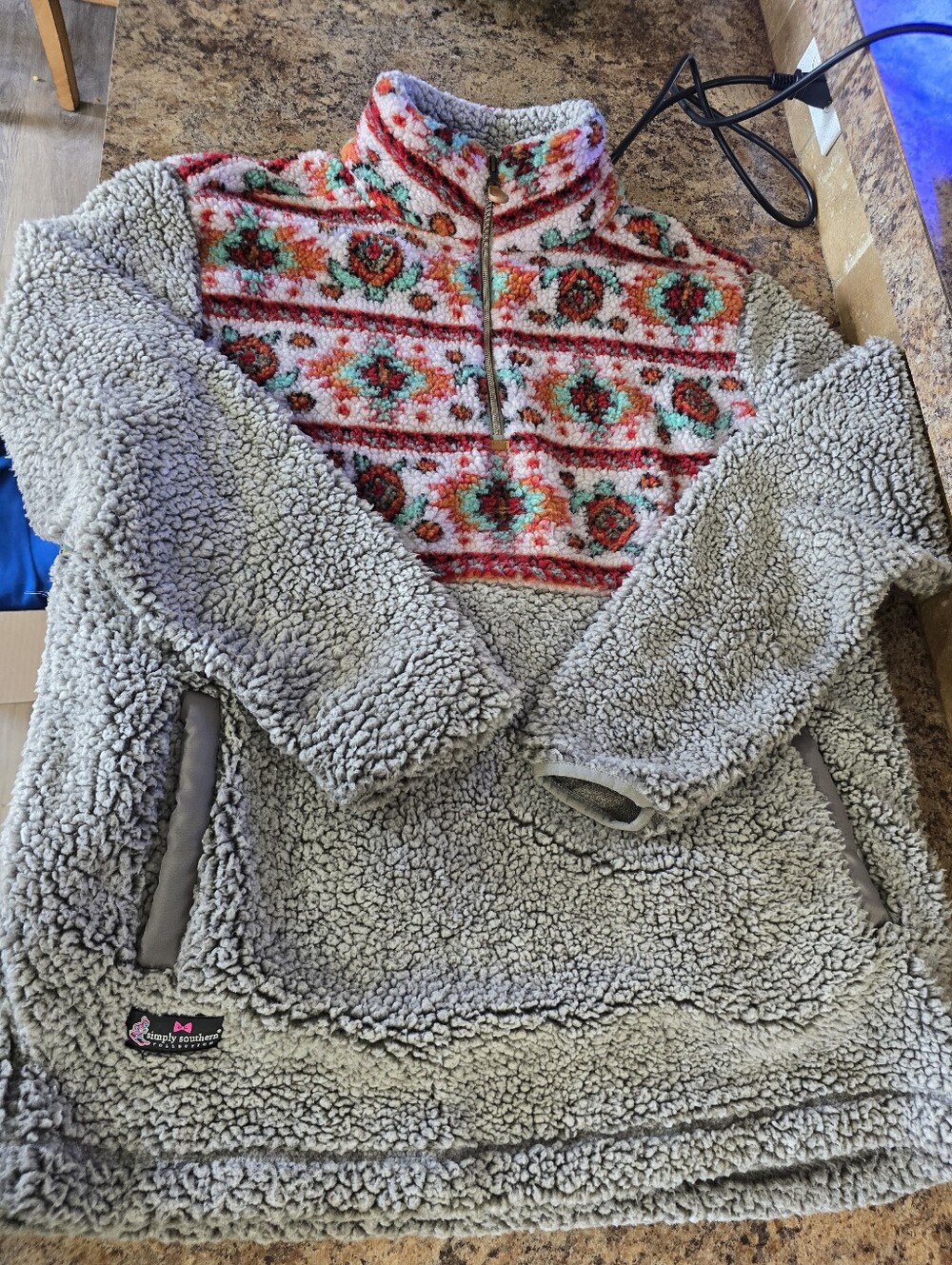 Simply Southern Women's Sherpa 1/4 Zip Pullover Jacket Gray Size Large